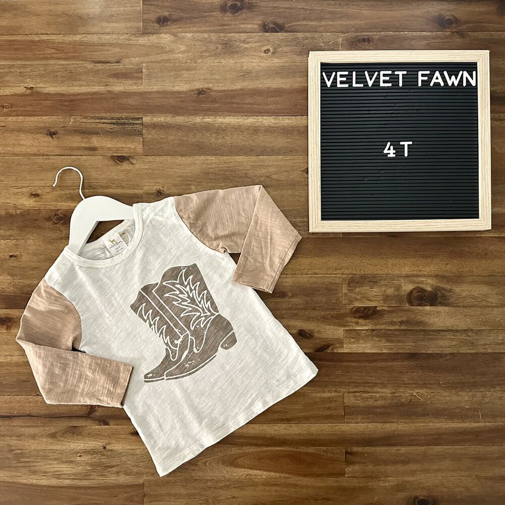 NEW Velvet Fawn Cowboy Boots Graphic Long Sleeve Cotton Tee Top White Tan 4T